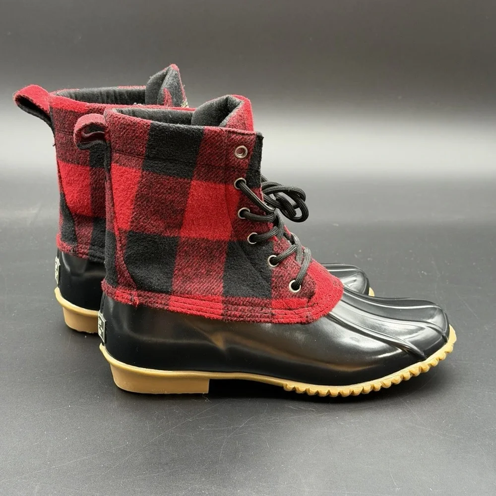 G.H. Bass Harlequin F16 Duck Boots Women's Sz 9 Red Plaid Rain Winter Lace Up